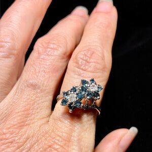 Sterling Silver CZ Cluster Ring | Blue & Clear Cubic Zirconia | Size 7